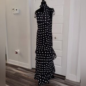 Black Polka Dot Chiffon Midi Dress – Elegant & Flowy